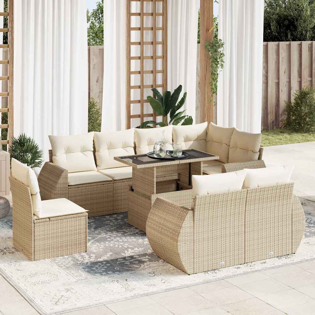 Vetonek Set de sofás de jardín con cojines 9 pzas ratán sintético beige