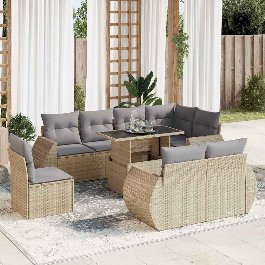 Vetonek Set de sofás de jardín con cojines 9 pzas ratán sintético beige