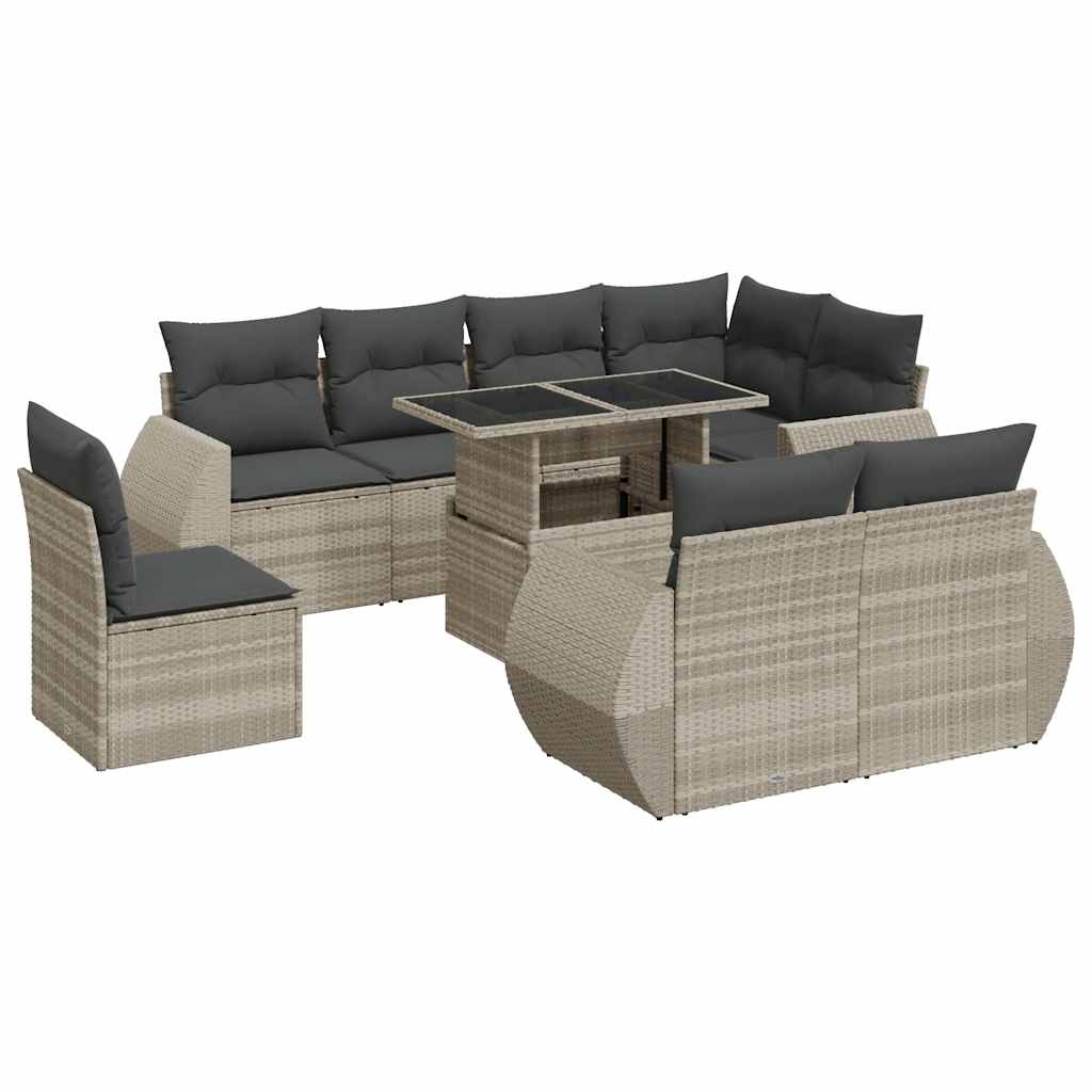 Set muebles jardín 9 pzas y cojines ratán sintético gris claro