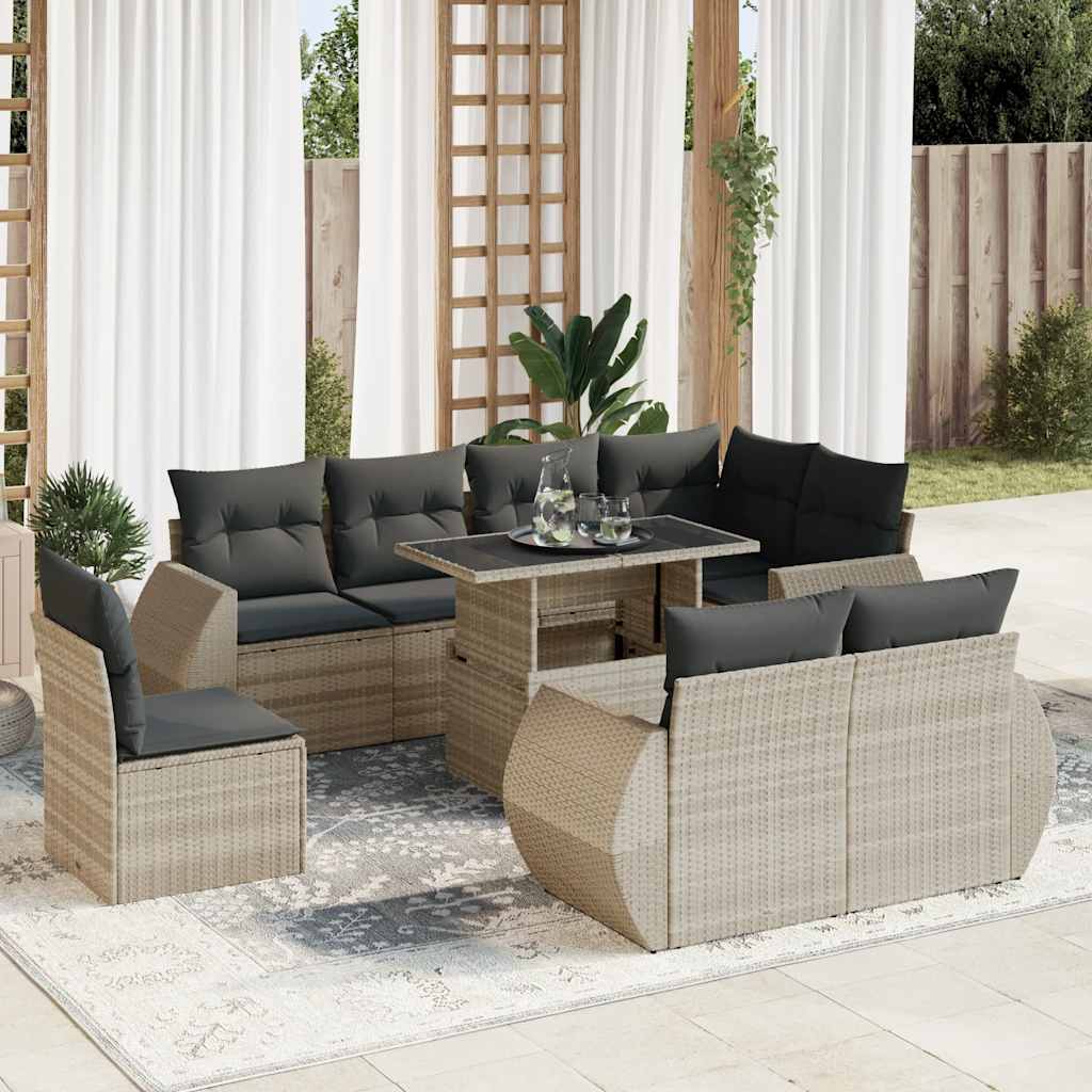 Vetonek Set muebles jardín 9 pzas y cojines ratán sintético gris claro