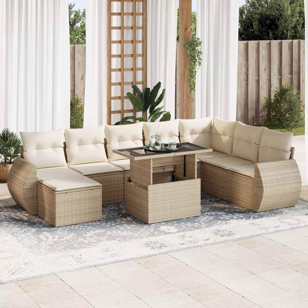 Vetonek Set de sofás de jardín con cojines 9 pzas ratán sintético beige