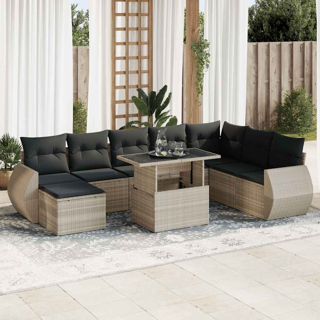 Vetonek Set muebles jardín 9 pzas y cojines ratán sintético gris claro