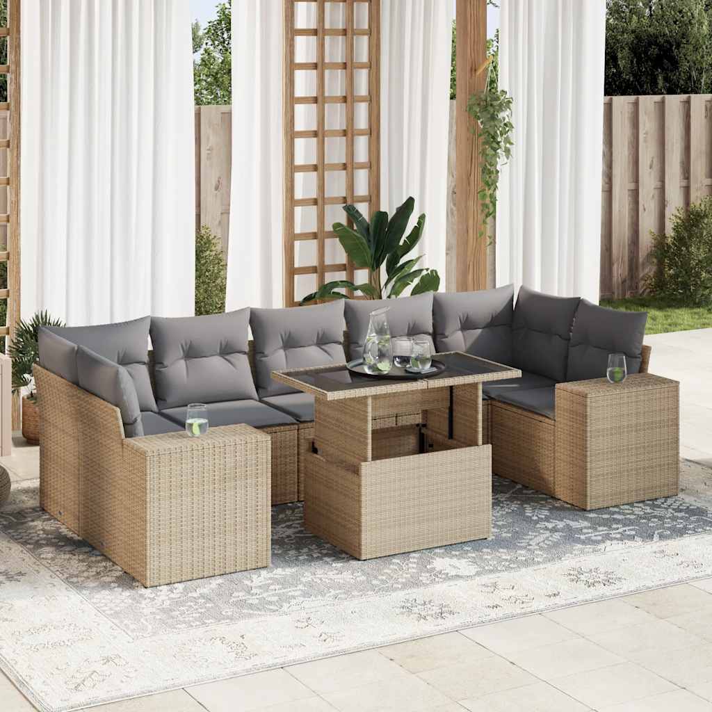 Vetonek Set de sofás de jardín y cojines 8 piezas ratán sintético beige