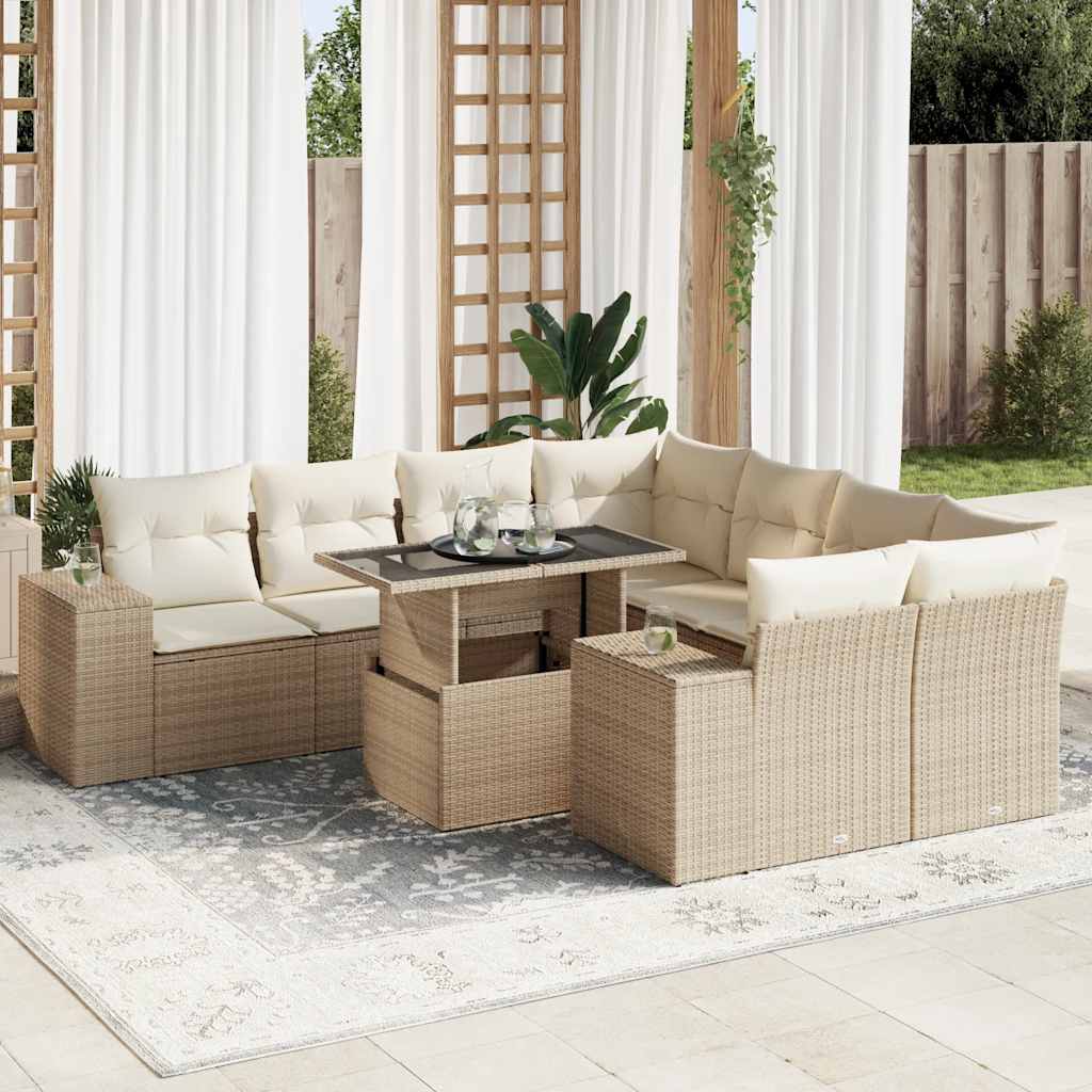 Vetonek Set de sofás de jardín con cojines 9 pzas ratán sintético beige