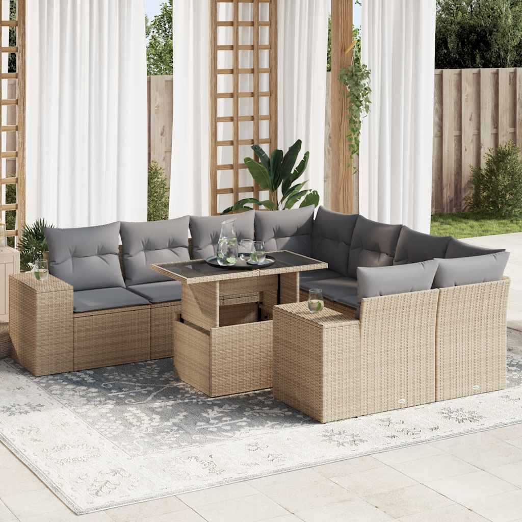 Vetonek Set de sofás de jardín con cojines 9 pzas ratán sintético beige