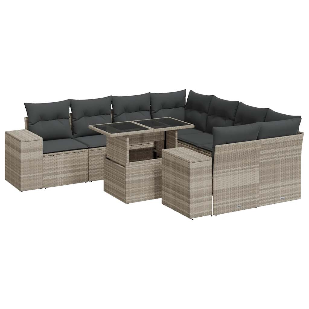 Set muebles jardín 9 pzas y cojines ratán sintético gris claro