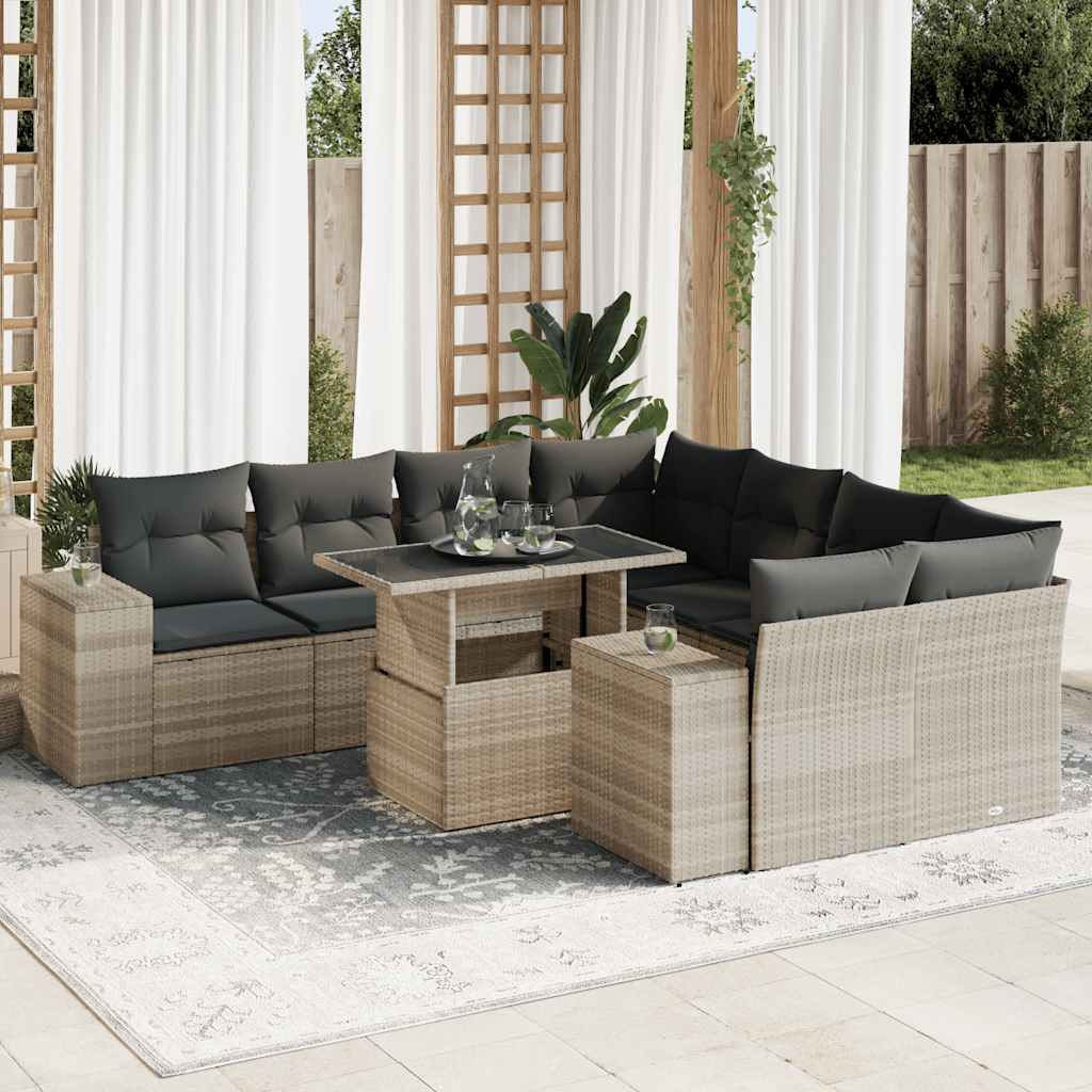 Vetonek Set muebles jardín 9 pzas y cojines ratán sintético gris claro