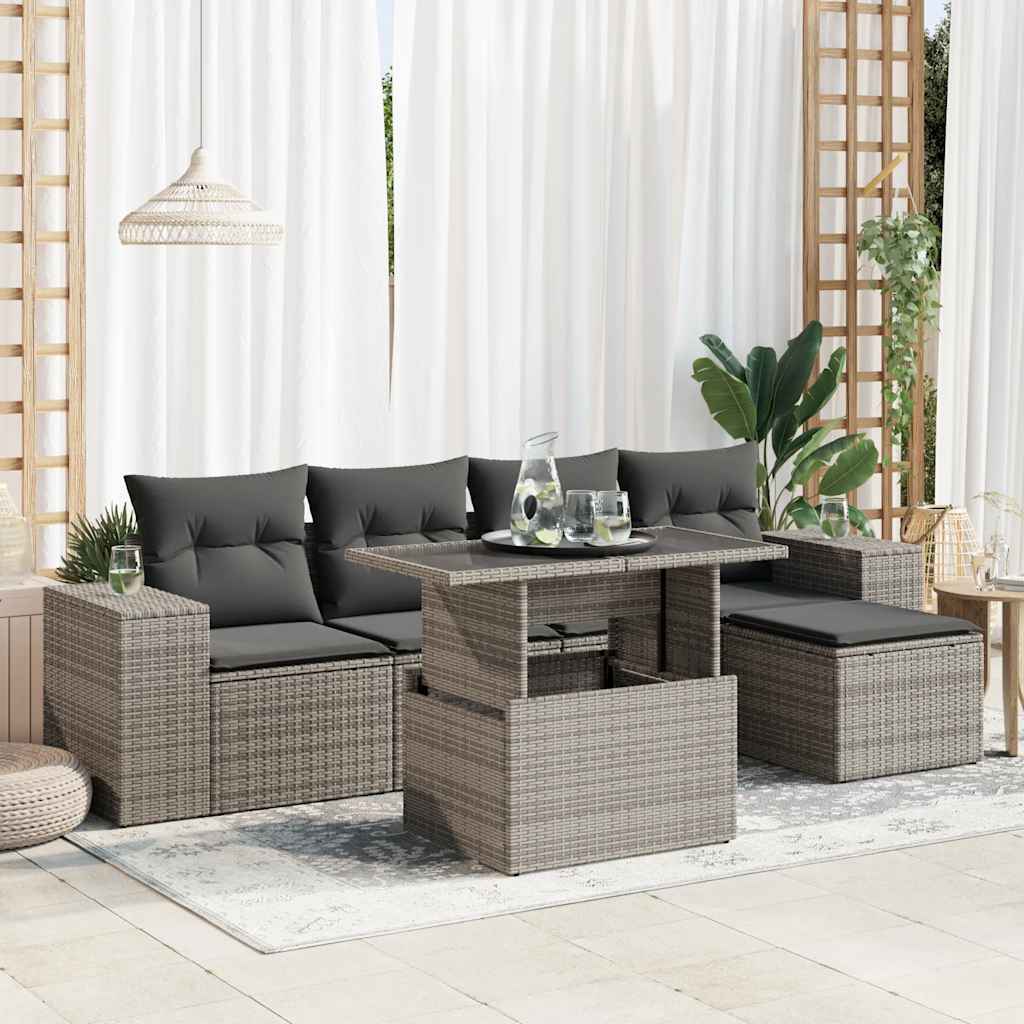 Vetonek Set de muebles de jardín 6 pzas y cojines ratán sintético gris