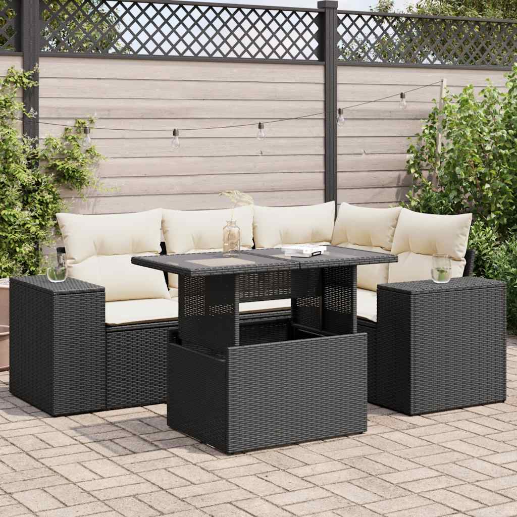 Vetonek Set de muebles de jardín 5 pzas y cojines ratán sintético negro