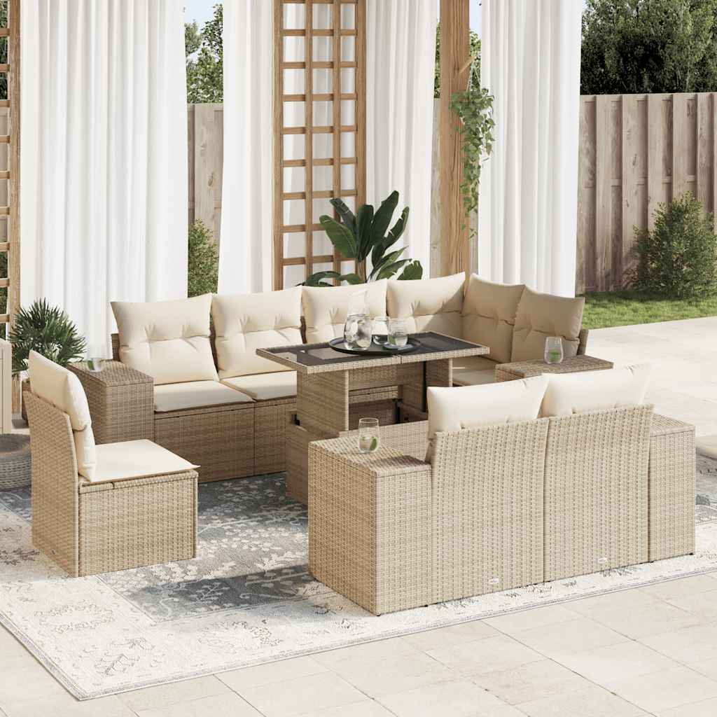 Vetonek Set de sofás de jardín con cojines 9 pzas ratán sintético beige