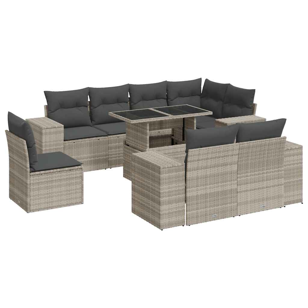 Set muebles jardín 9 pzas y cojines ratán sintético gris claro