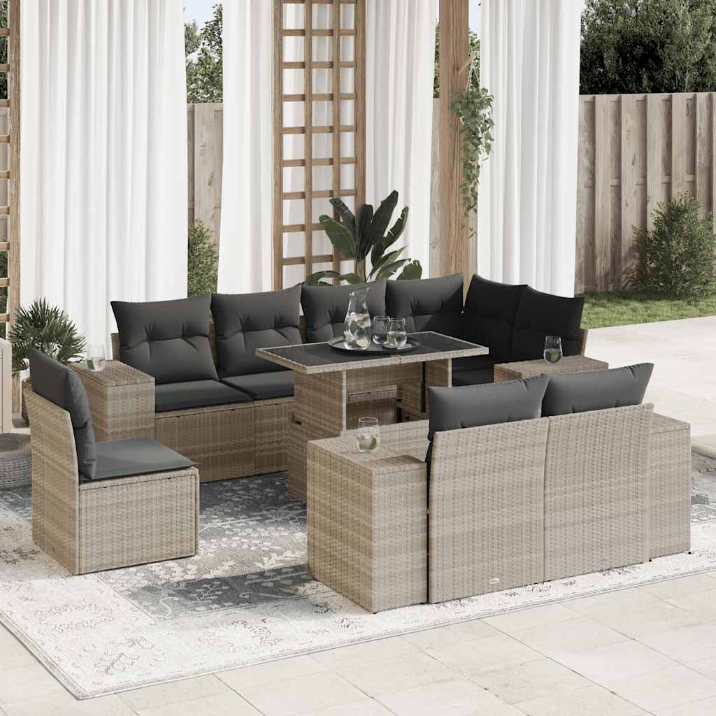 Vetonek Set muebles jardín 9 pzas y cojines ratán sintético gris claro