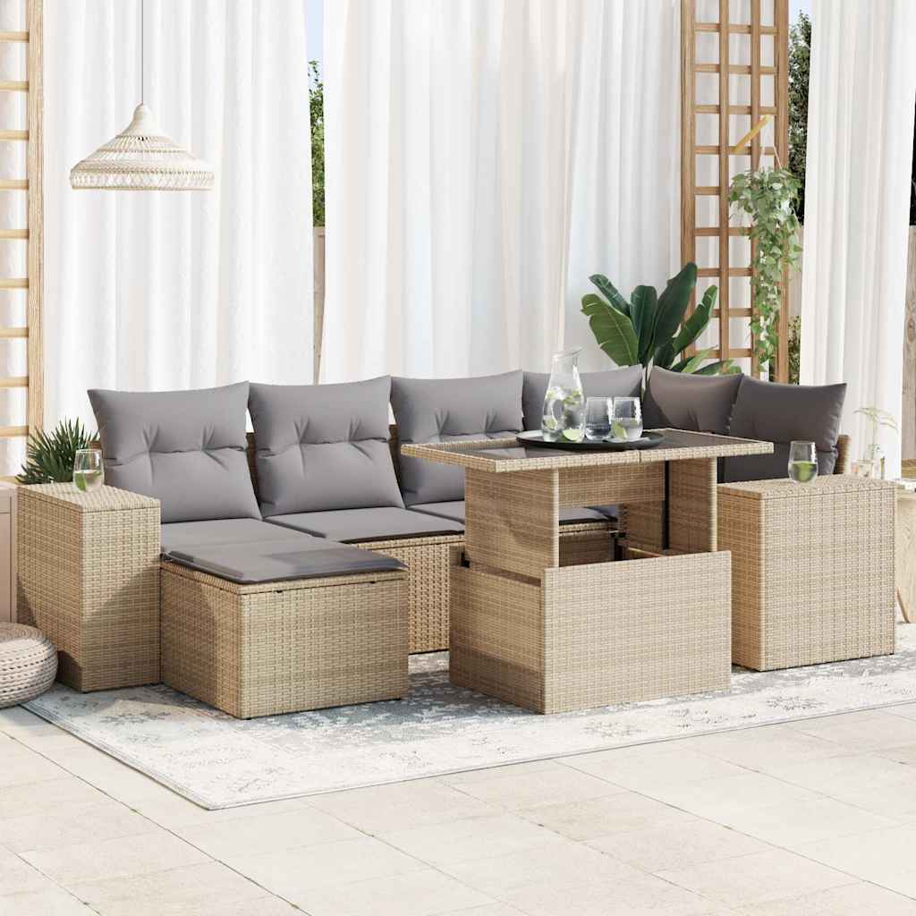 Vetonek Set sofás de jardín 7 piezas y cojines ratán sintético beige