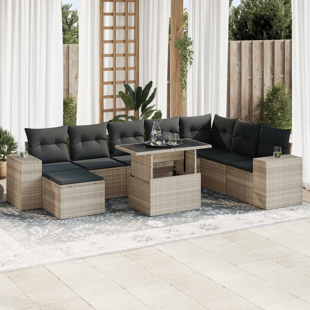 Vetonek Set muebles jardín 9 pzas y cojines ratán sintético gris claro