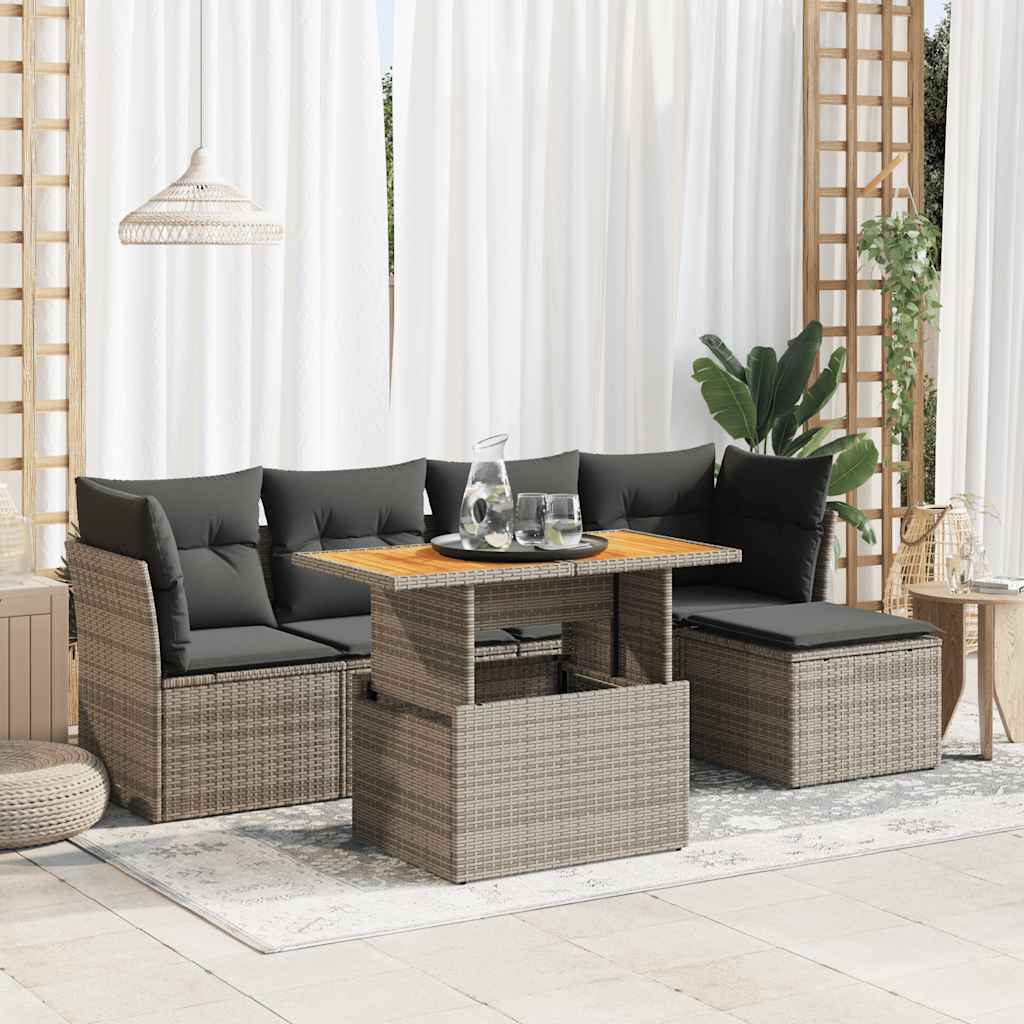 Vetonek Set de muebles de jardín 6 pzas y cojines ratán sintético gris