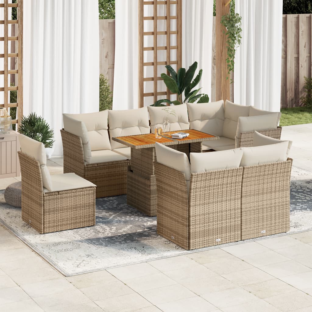 Vetonek Set de sofás de jardín con cojines 9 pzas ratán sintético beige