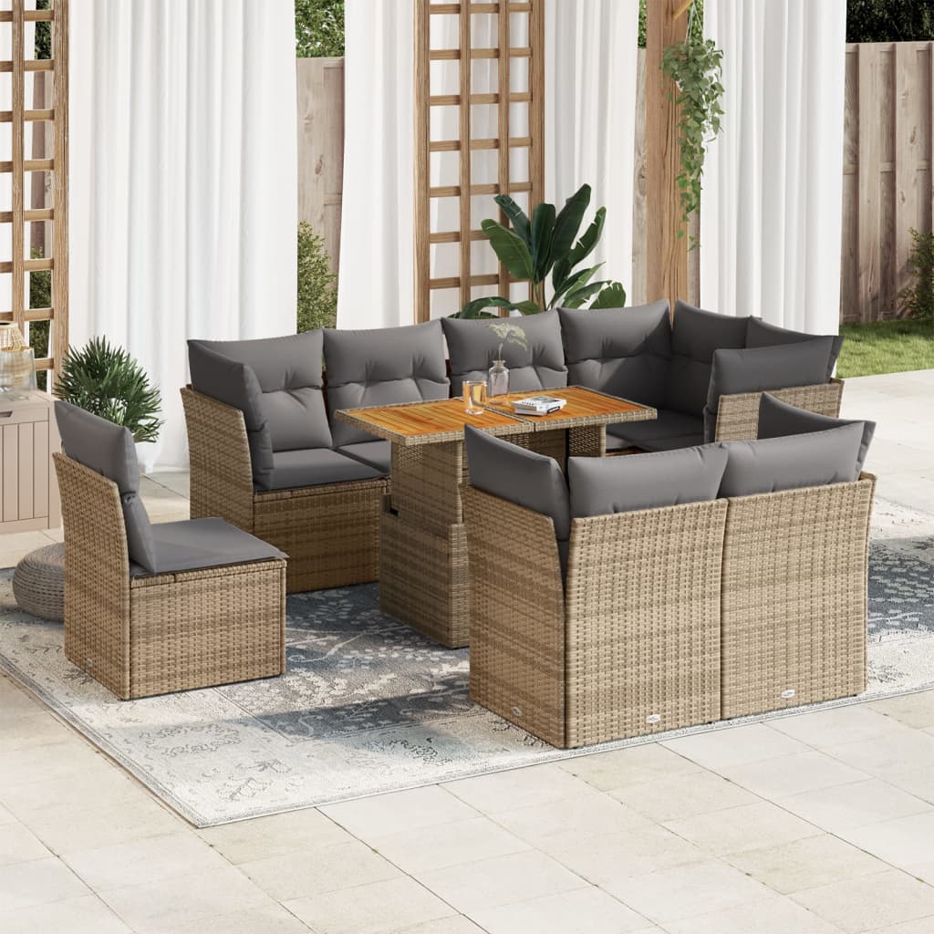 Vetonek Set de sofás de jardín con cojines 9 pzas ratán sintético beige