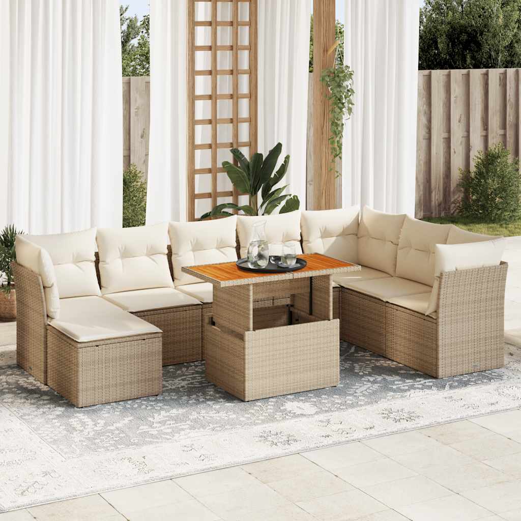 Vetonek Set de sofás de jardín con cojines 9 pzas ratán sintético beige