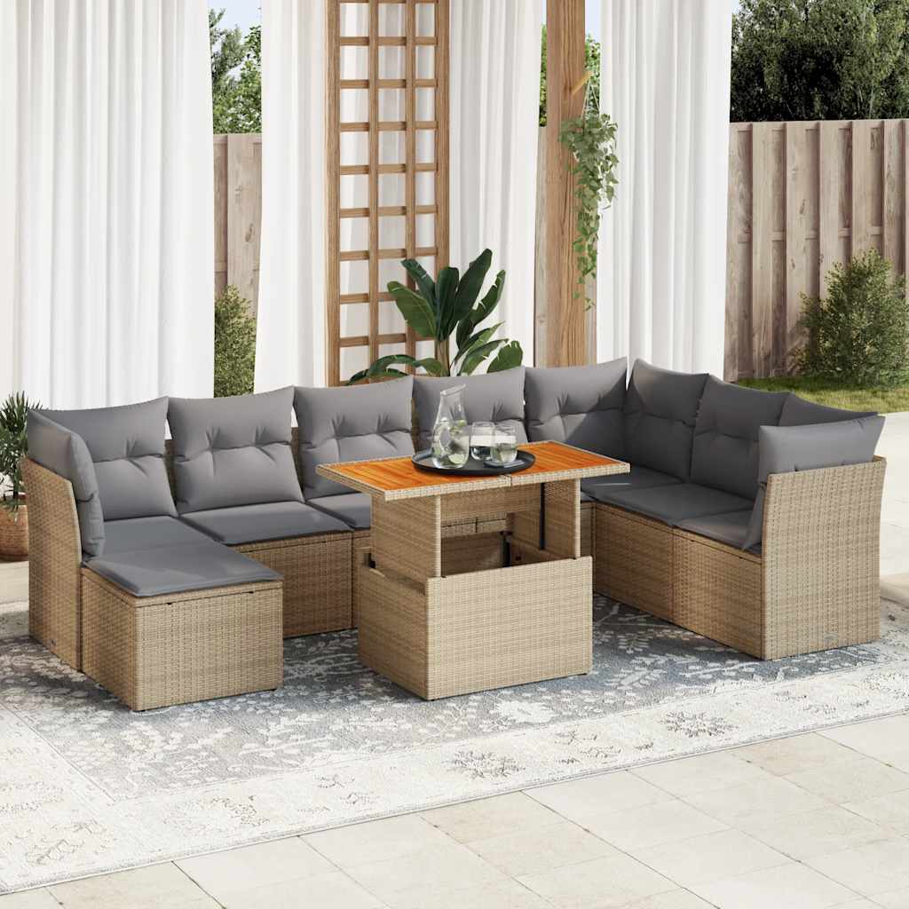 Vetonek Set de sofás de jardín con cojines 9 pzas ratán sintético beige