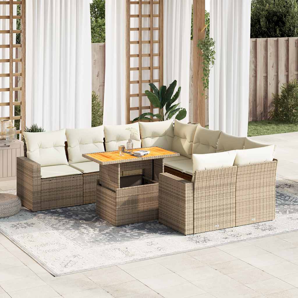 Vetonek Set de sofás de jardín con cojines 9 pzas ratán sintético beige