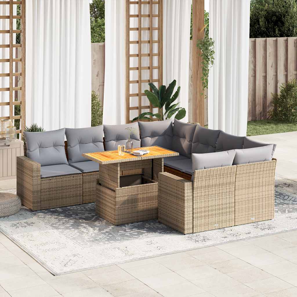 Vetonek Set de sofás de jardín con cojines 9 pzas ratán sintético beige