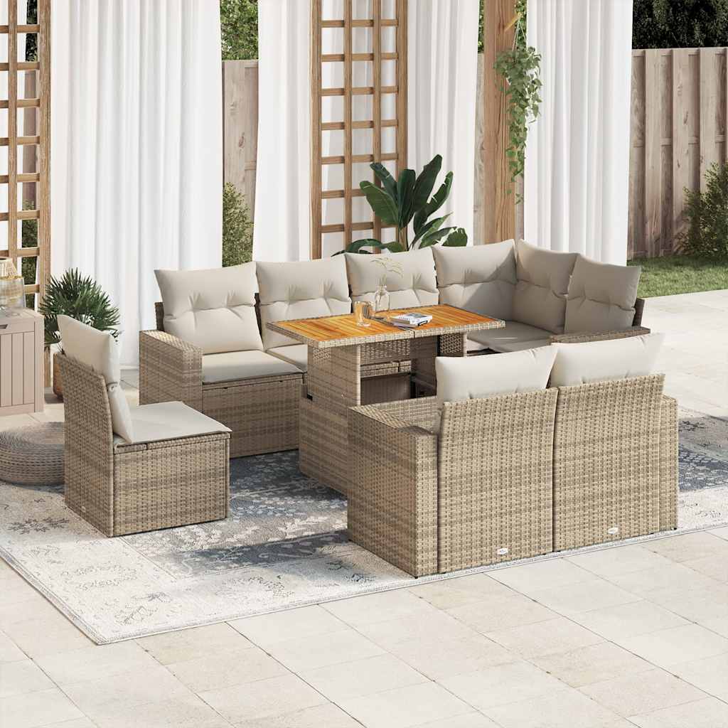 Vetonek Set de sofás de jardín con cojines 9 pzas ratán sintético beige