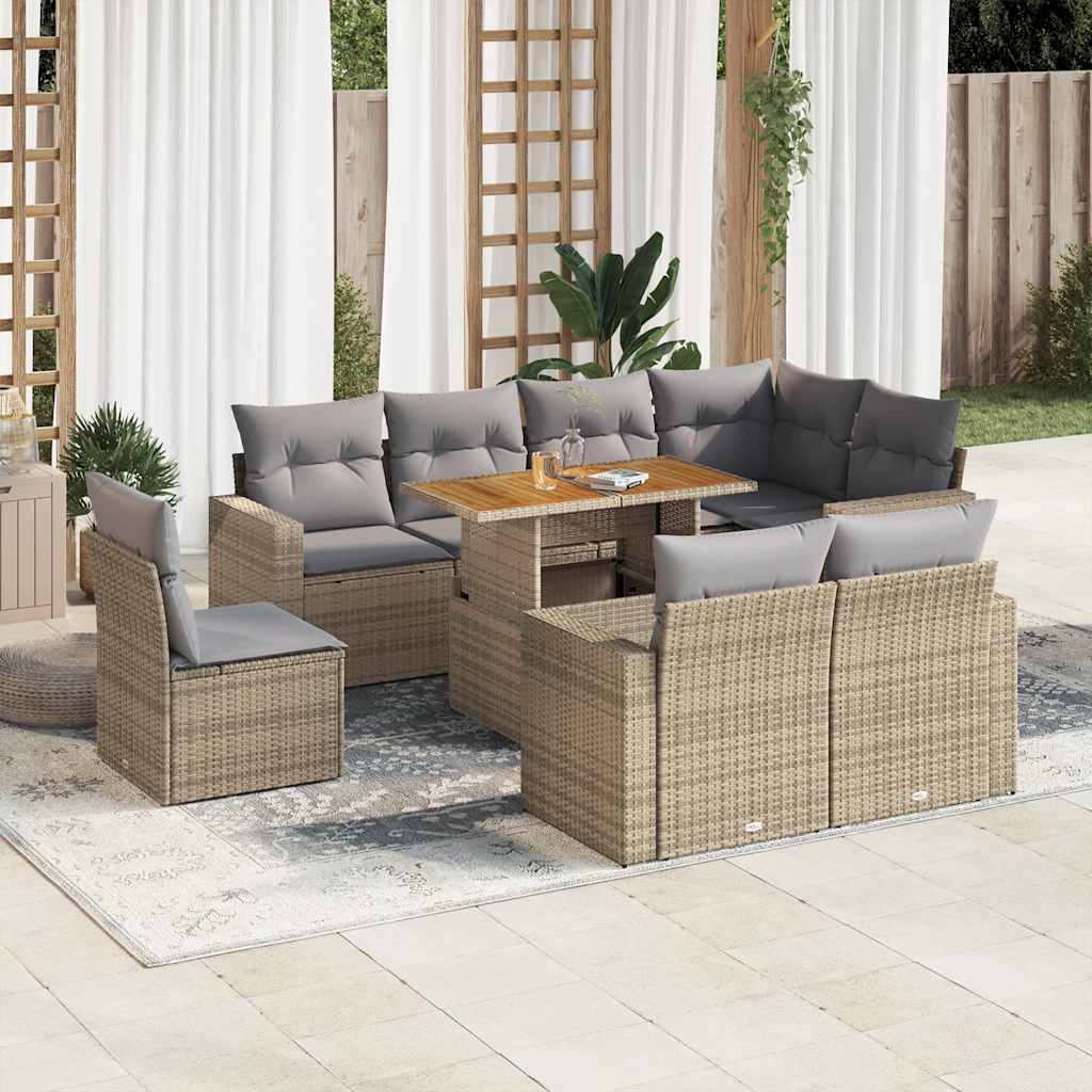 Vetonek Set de sofás de jardín con cojines 9 pzas ratán sintético beige