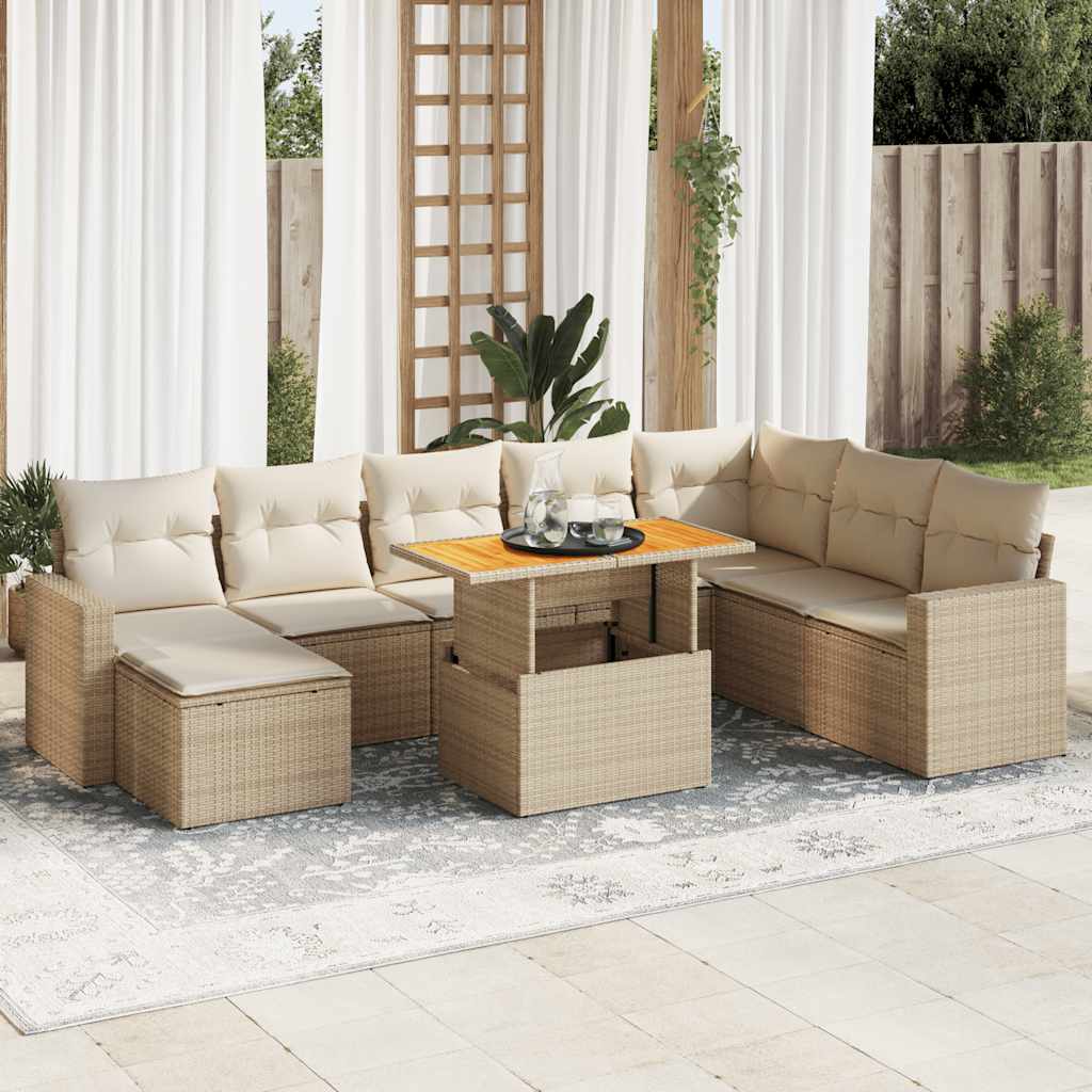 Vetonek Set de sofás de jardín con cojines 9 pzas ratán sintético beige