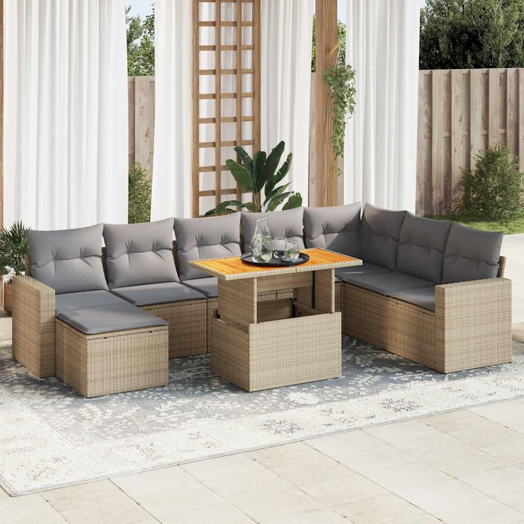 Vetonek Set de sofás de jardín con cojines 9 pzas ratán sintético beige