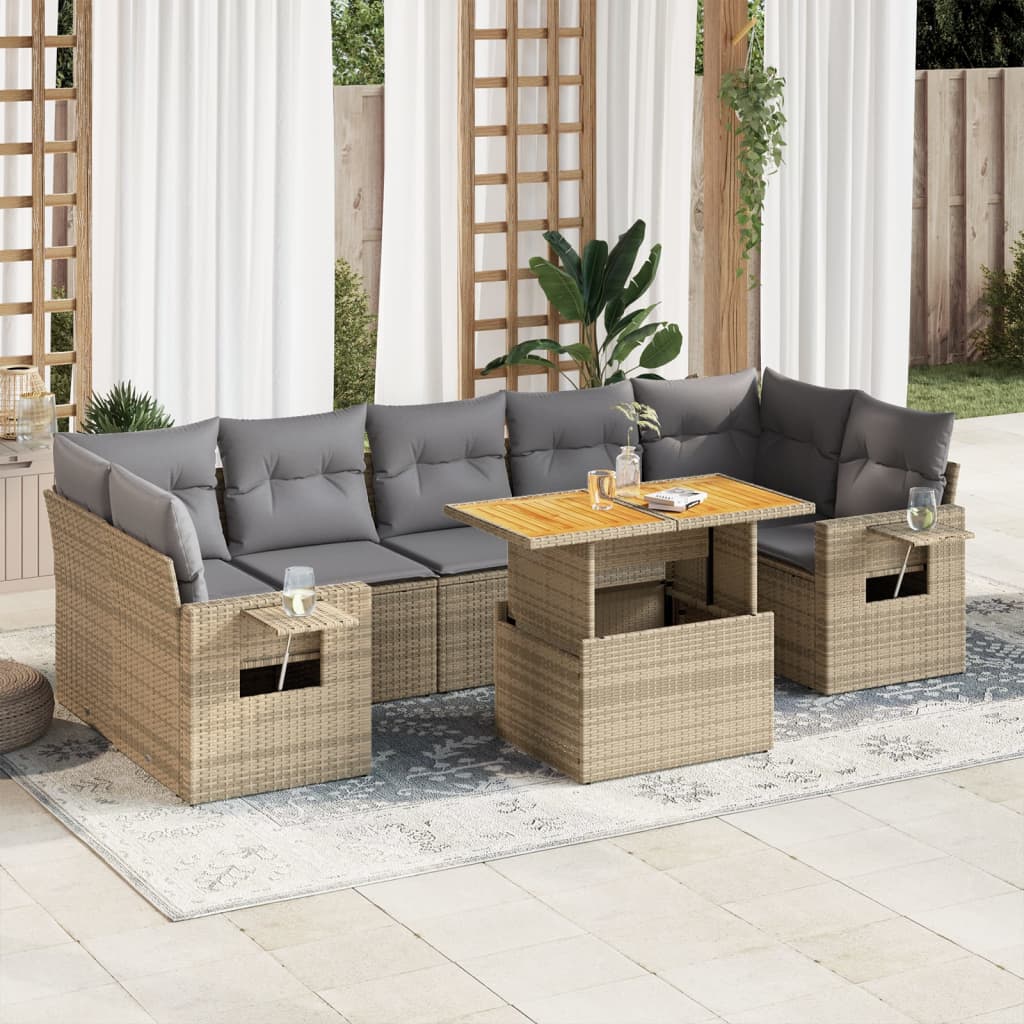 Vetonek Set de sofás de jardín y cojines 8 piezas ratán sintético beige