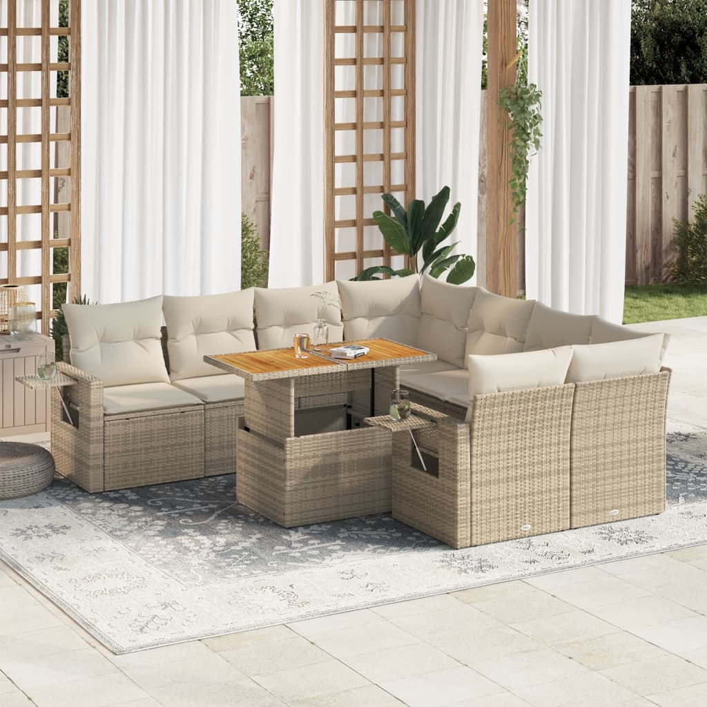 Vetonek Set de sofás de jardín con cojines 9 pzas ratán sintético beige