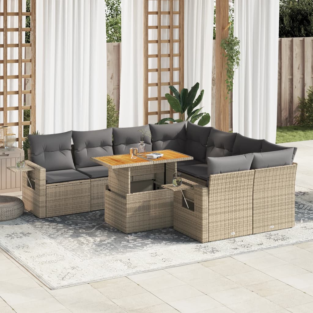 Vetonek Set de sofás de jardín con cojines 9 pzas ratán sintético beige