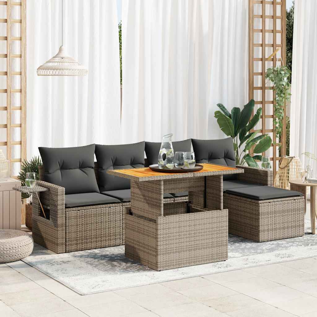 Vetonek Set de muebles de jardín 6 pzas y cojines ratán sintético gris