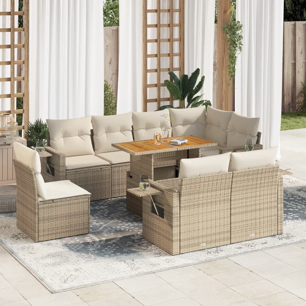 Vetonek Set de sofás de jardín con cojines 9 pzas ratán sintético beige