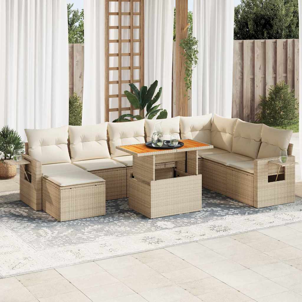 Vetonek Set de sofás de jardín con cojines 9 pzas ratán sintético beige