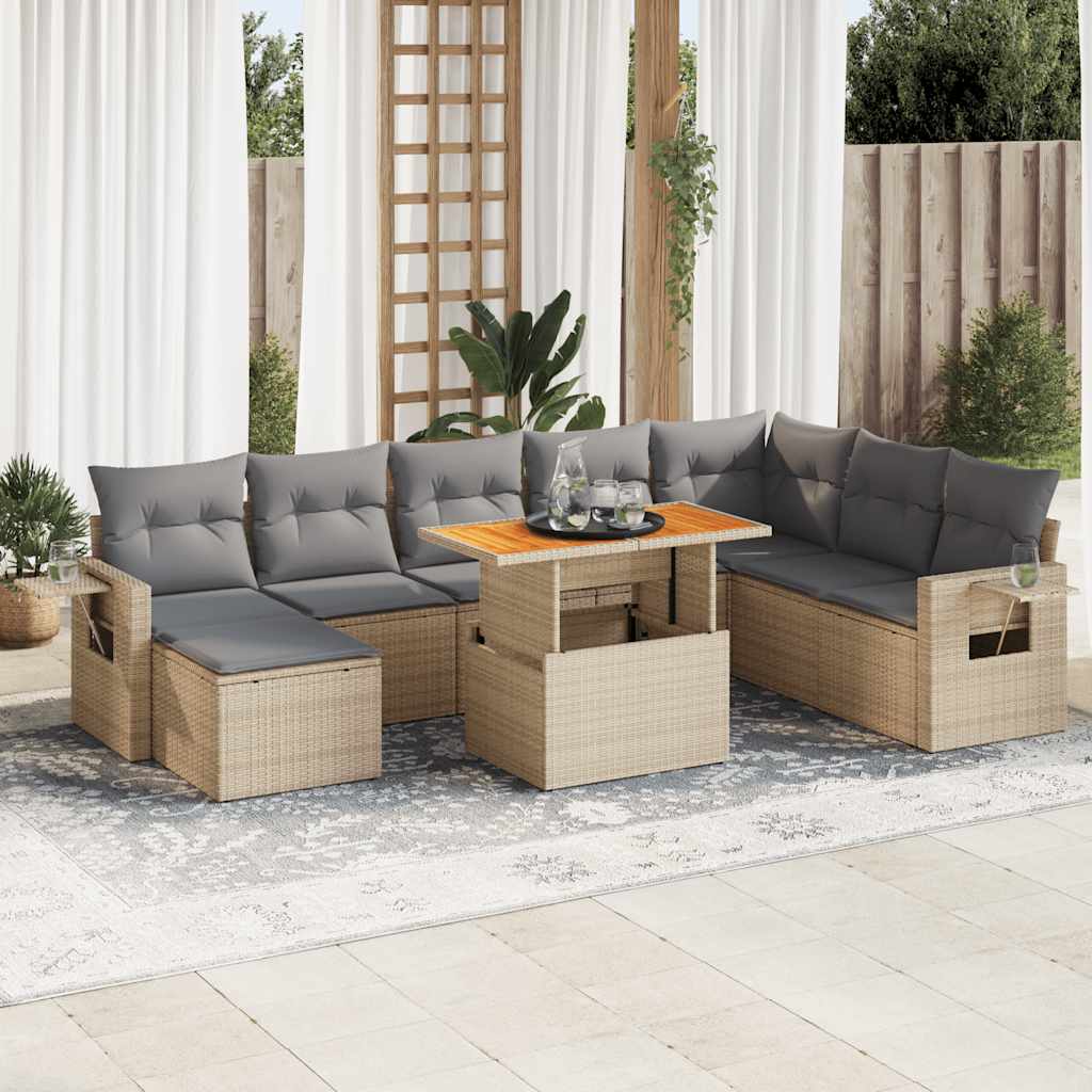 Vetonek Set de sofás de jardín con cojines 9 pzas ratán sintético beige