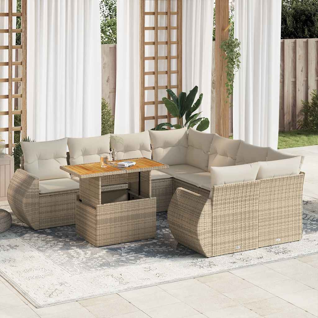 Vetonek Set de sofás de jardín con cojines 9 pzas ratán sintético beige