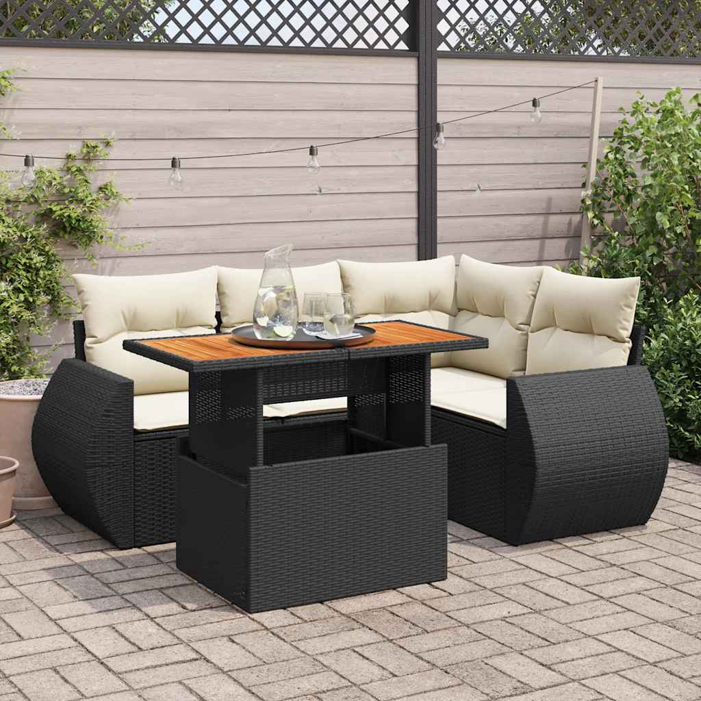 Vetonek Set de muebles de jardín 5 pzas y cojines ratán sintético negro