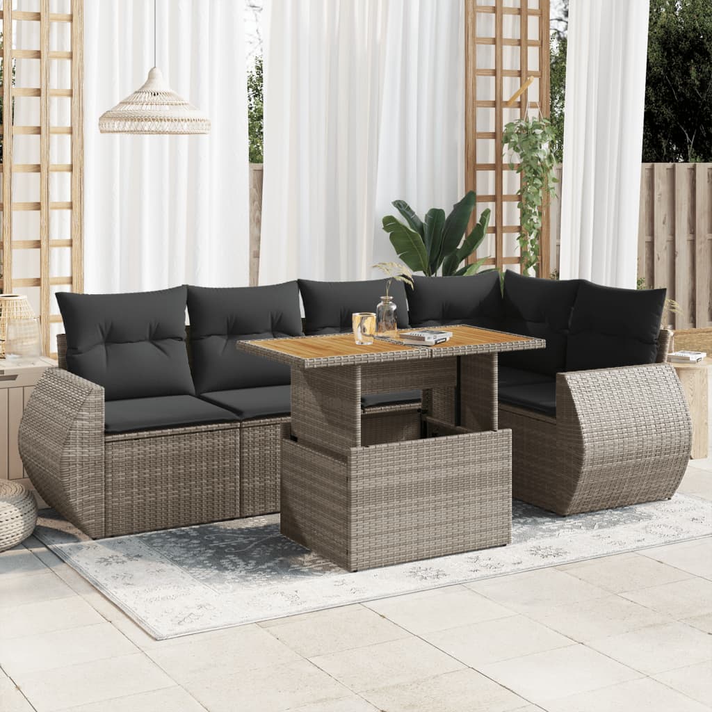 Vetonek Set de muebles de jardín 6 pzas y cojines ratán sintético gris