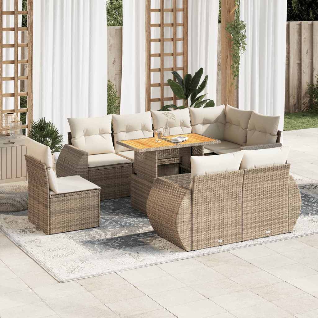 Vetonek Set de sofás de jardín con cojines 9 pzas ratán sintético beige