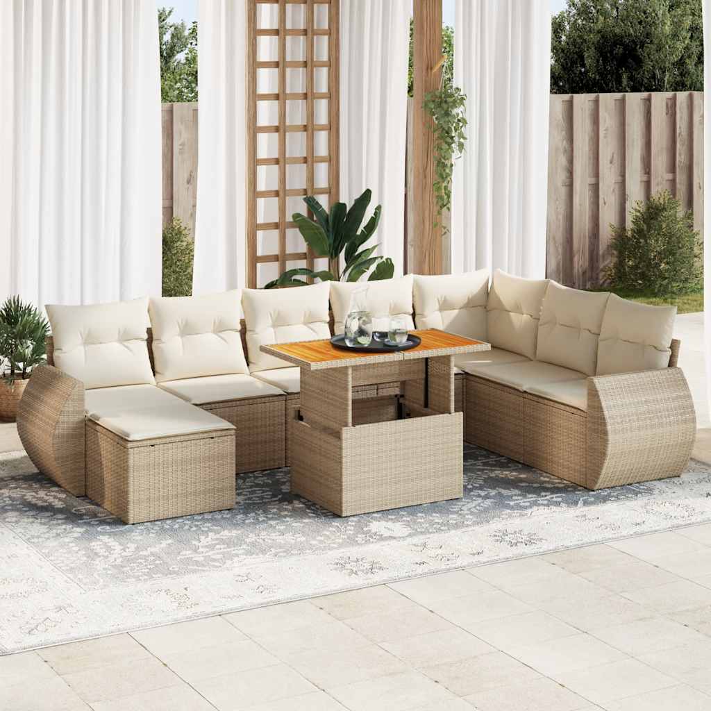 Vetonek Set de sofás de jardín con cojines 9 pzas ratán sintético beige