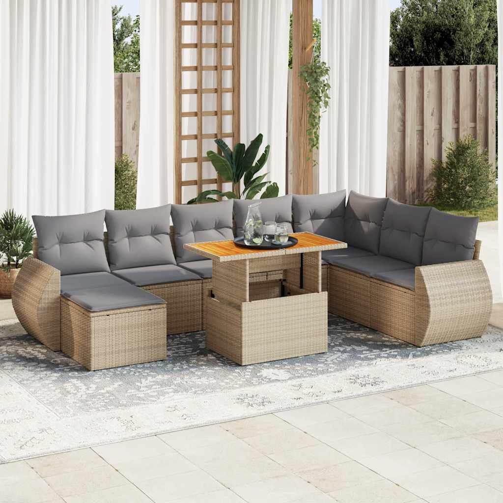 Vetonek Set de sofás de jardín con cojines 9 pzas ratán sintético beige