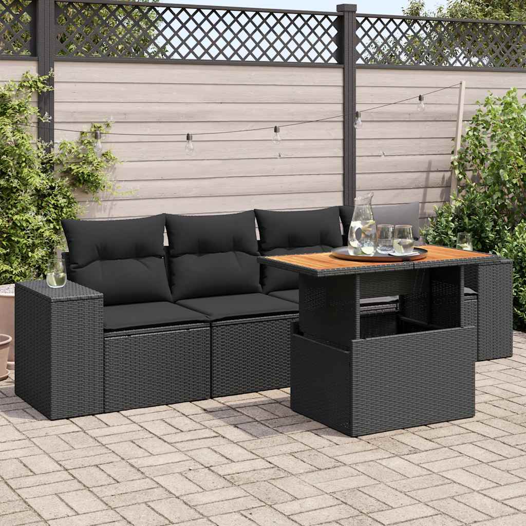 Vetonek Set de muebles de jardín 5 pzas y cojines ratán sintético negro