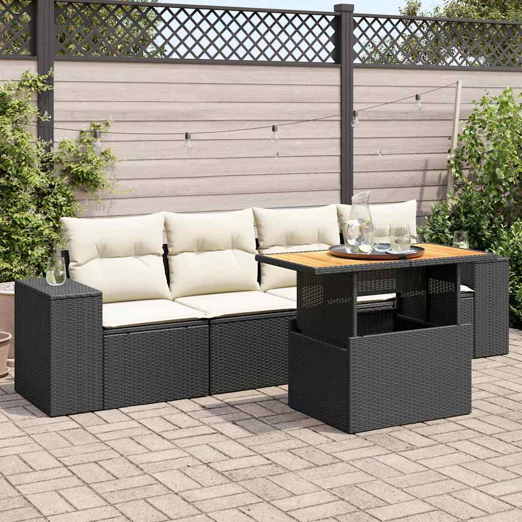 Vetonek Set de muebles de jardín 5 pzas y cojines ratán sintético negro