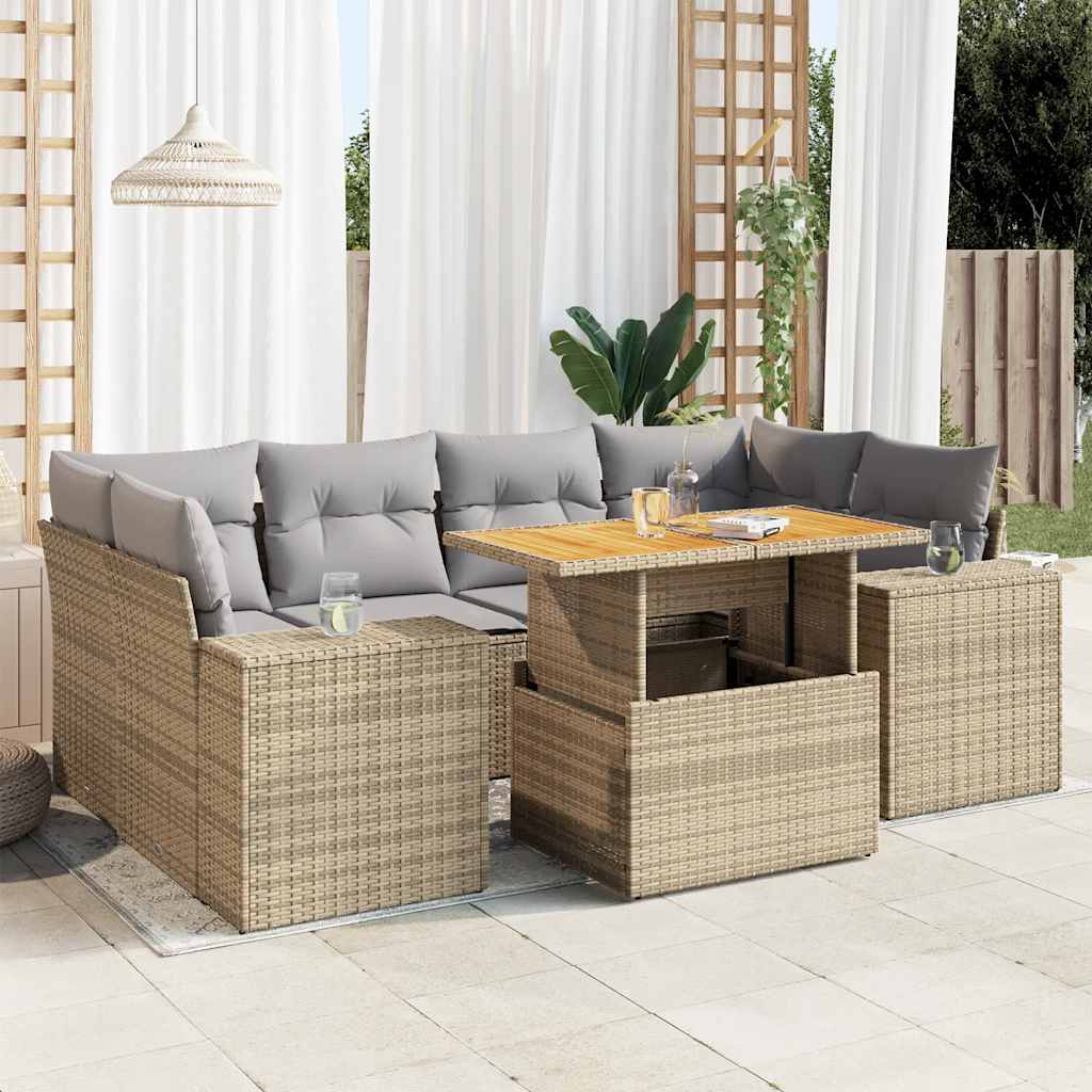 Vetonek Set sofás de jardín 7 piezas y cojines ratán sintético beige