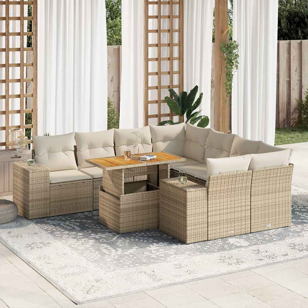 Vetonek Set de sofás de jardín con cojines 9 pzas ratán sintético beige