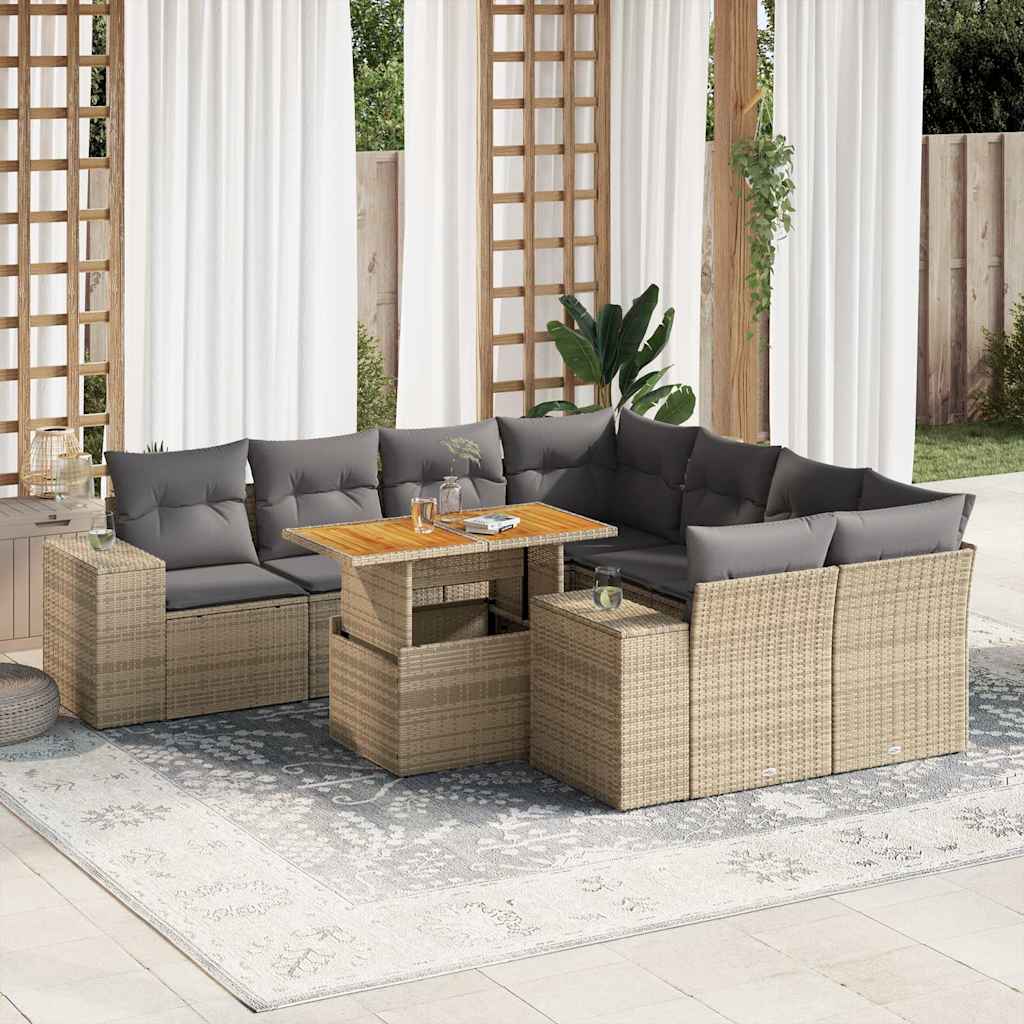 Vetonek Set de sofás de jardín con cojines 9 pzas ratán sintético beige