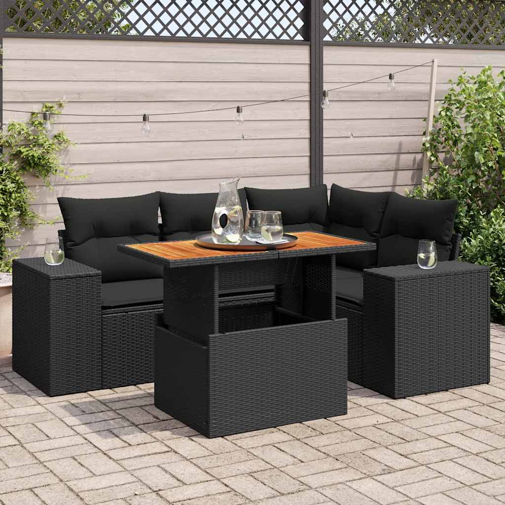 Vetonek Set de muebles de jardín 5 pzas y cojines ratán sintético negro