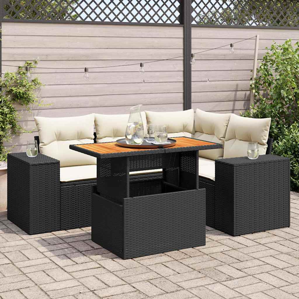 Vetonek Set de muebles de jardín 5 pzas y cojines ratán sintético negro