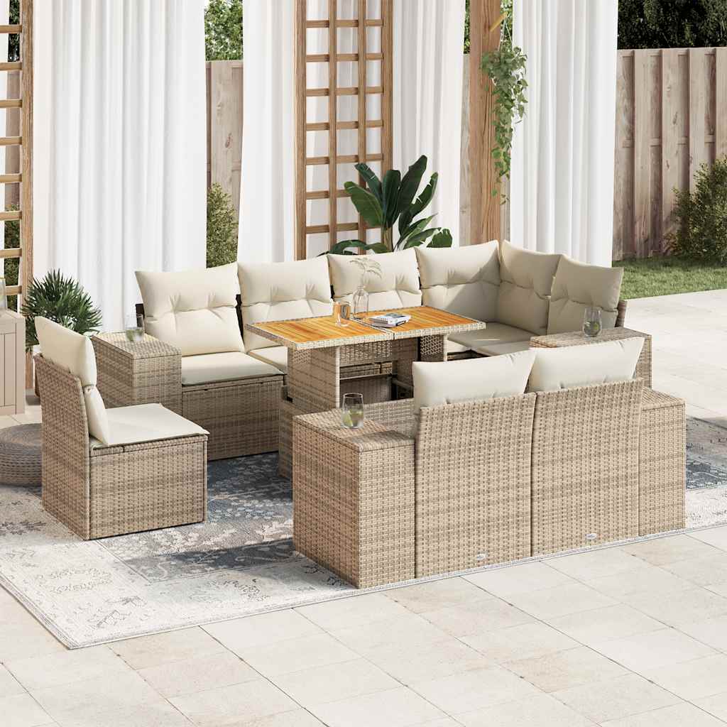 Vetonek Set de sofás de jardín con cojines 9 pzas ratán sintético beige